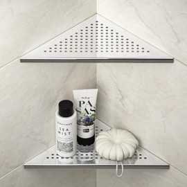 Bernkot Corner Shower Shelf, Stainless Steel 304 Bathroom Shelf with Grid Design for Tiled Walls, Built-in Shelf for Bathroom Renovation (Polished, 254 mm, 2 Pack)