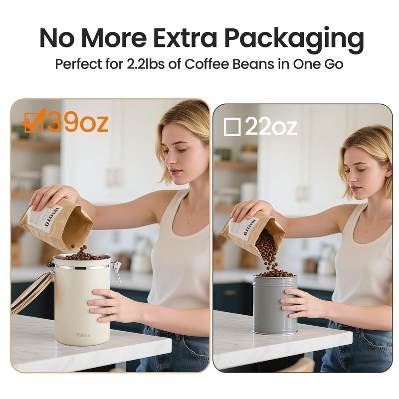 Veken Coffee Canister, 39OZ Large, Airtight Stainless Steel Food Storage