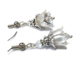 Floral Dangle Earrings in White with silver and crystal accents on Surgical steel French hooks