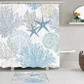 Nautical Coastal Shower Curtain Sets with Rugs,Non Slip Rug,Bath Mat Ocean Beach Marine Underwater Seashell Starfish Themed Bathroom Set Waterproof Polyester Cloth Fabric Shower Curtain For Bathtub