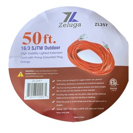 Zeluga 12-257 50ft. 16/3 SJTW Outdoor High Visibility Lighted Extension Cord with Prong Grounded Plug, Orange