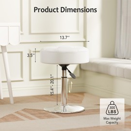 Youtanic Vanity Stool with Adjustable Height, 360°Swivel PU Leather Ottoman Chair for Adults, Round Padded Makeup Stool with Stable Support for Vanity Bedroom, Bathroom, Dorm, White