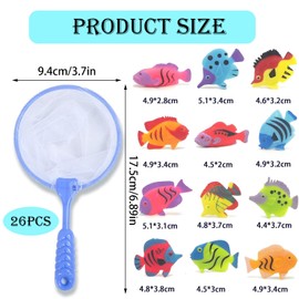 Toy Fish Set, 26 Pcs Ocean-Themed Play Set, Fish Toys for Kids Bath Time and Learning Activities, Includes 24 Fish and 2 Nets, PVC Material