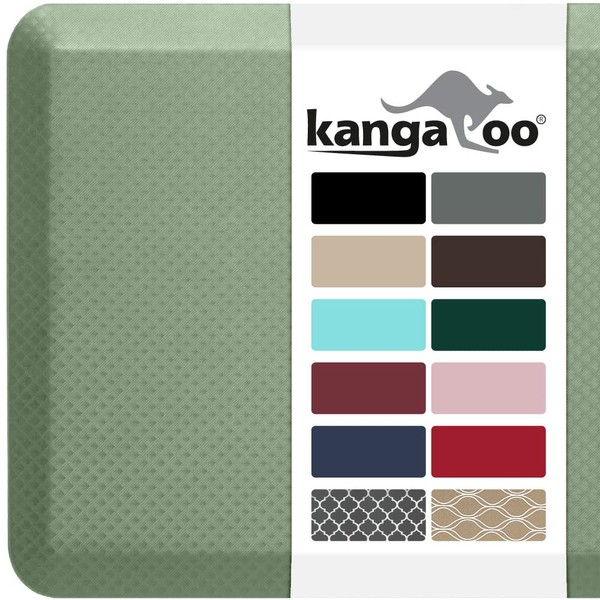 KANGAROO Thick Ergonomic Anti Fatigue Cushioned Kitchen Floor Mats, Standing Office Desk Mat, Waterproof Scratch Resistant Topside, Supportive All Day Comfort Padded Foam Rugs, 60x20, Sage Green