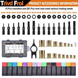 Trivd Frol 16" Rivet Nut Tool, Nutsert Rivet Nut Tool Kit with 15 Metric and SAE Mandrels, 281Pcs Rivet Nut Assortment Kit and Rugged Carrying Case