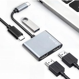 Silver HT Logan 4-in-1 Type C to 2 HDMI 4K Adapter + USB-C Charging Port + Pendrive 3.0 Port for Fast Data Transfer Compatible with Windows/iOS/Android Dex