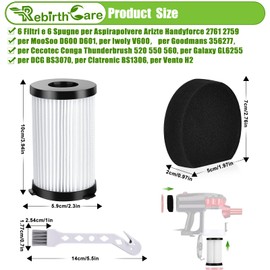 Rebirthcare Filters Replacement for Goodmans 356277 Cordless Vacuum Filter for Ariete Handyforce 2761 2759 for MOOSOO D600 D601 for Iwoly V600 for Cecotec Conga Thunderbrush 520/550/560 Accessories