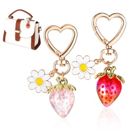 Wanmu 2Pcs Cute Strawberry Keychain, Heart Bag Purse Charms Dais Flower Keyring, Kawaii Backpack Handbags KeyChains Accessories for Women Girls Charms Gift, Strawberry Shortcake Decor
