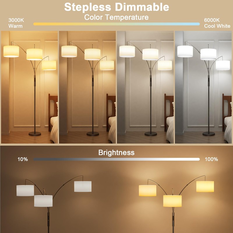 SIBRILLE 36W LED Arc Floor Lamp with 3 White Fabric