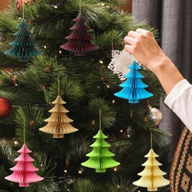 ZEYGC 7PCS Hanging Honeycomb Paper Christmas Trees Decorations, 3D Mini Glitter Edge Christmas Tree Ornaments, Pom Poms Tissue Paper Balls Party Big Xmas Trees