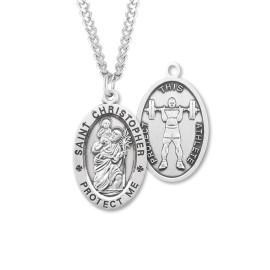 Sterling Silver Saint Christopher Weight Lifting Gym Pendant Medal Necklace