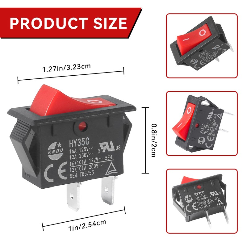 2Pieces HY35C Push Button Switch，2-Pin，16A/12A 125V/250V Rocker Switch for Household