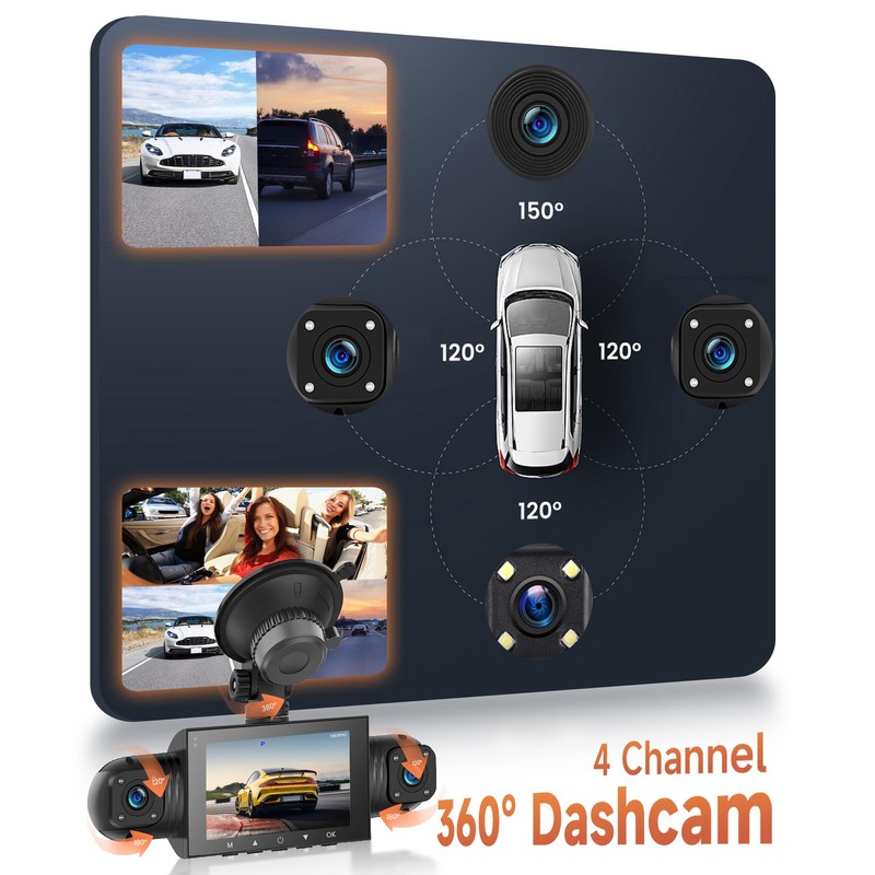 360 Degree View 4 Channel Dash Cam Front and Rear