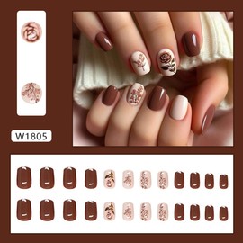 Short Press on Nails Square WLGDLH Brown Red Fake Nails with Rose Flowers Design Florad False Nails Press ons Acrylic Glossy Solid Color Glue on Nails White Stick on Nails for Women 24Pcs
