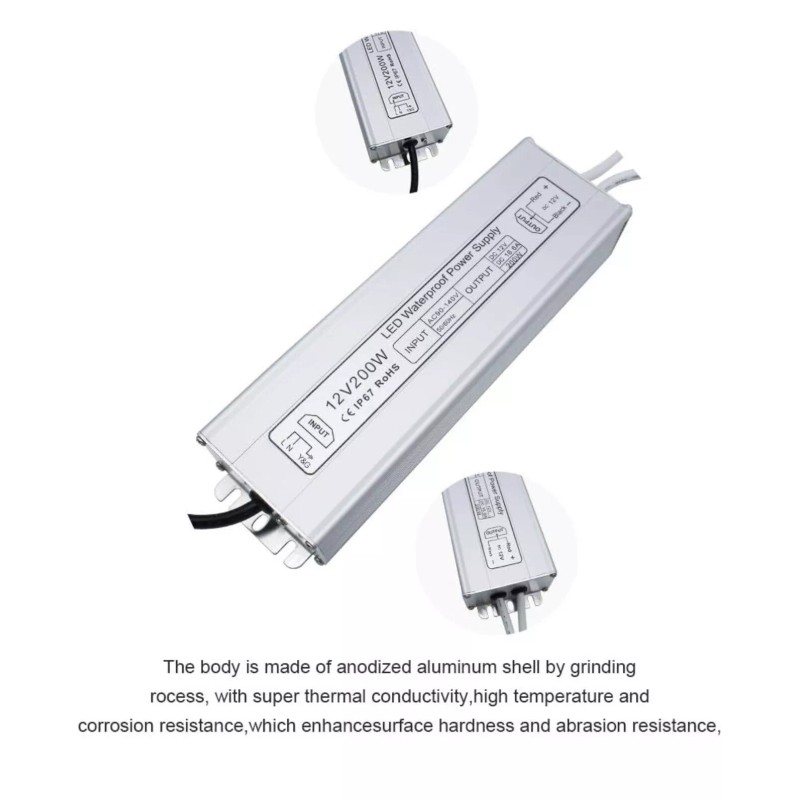 DC LED Power Supply, 200W IP67 Waterproof Outdoor Driver,AC 90-140V