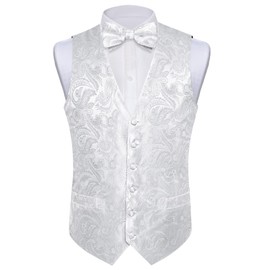 DiBanGu Silk Paisley Vest for Men Formal Suit Waistcoat and Bowtie Lapel Pin Set 7PCS Dress Vest for Suit or Tuxedo, White, 3X-Large