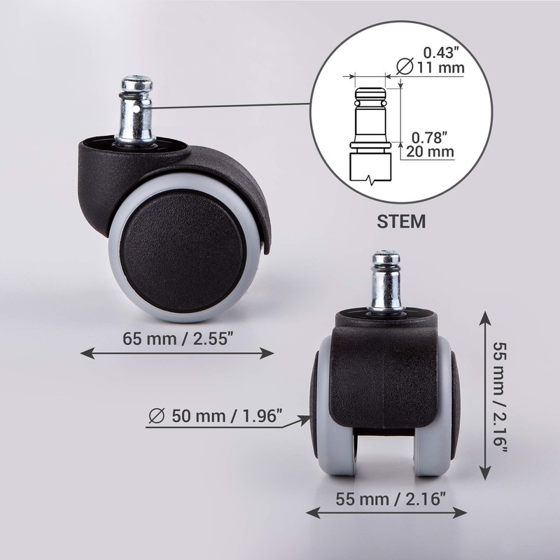 SKIR'CO Pack of 5 50 mm Rubber Chair Castors, Office
