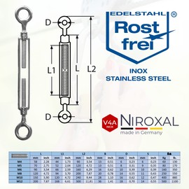 Stainless Steel Turnbuckle with Two Eyelets Rustproof V4A According to DIN 1480 1478 Rope Tensioner Eyelet Screw Tensioner M 8 mm Pack of 5