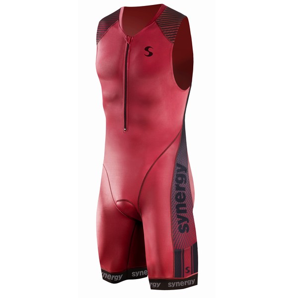 Synergy Triathlon Tri Suit - Men's Elite Sleeveless Trisuit (Crimson/Black, Large)