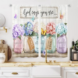 MESHELLY Spring Colorful Floral Kitchen Curtains 27.5Wx39H Inch Rod Pocket Farmhouse Rustic Flower Christain Bible Verse Plant Butterfly Art Printed Women Bedroom Living Room Window Drapes 2 Panels