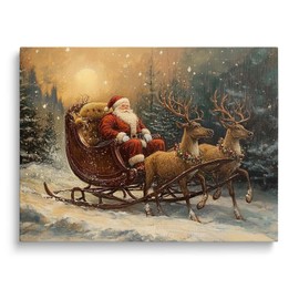 Christmas Canvas Wall Art Decor - Santa Claus Riding Reindeer Sleigh Through a Snowy Sunset with Cedar Trees, 24X30inch, Along the Road for Cozy Holiday Atmosphere and Festive Home Decoration