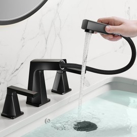 MIAOHUI Pull Out Bathroom Faucets 3 Hole, 8 Inch Widespread Bathroom Sink Faucet, Double Handle Vanity Faucet for Bathroom Sink, Matte Black Sink Faucet Bathroom with Pop-up Drain and Supply Lines