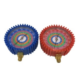 QUALITY 2 PCS, LOW AND HIGH - PRESSURE GAUGES FOR USE WITH DIFFERENT REFRIGERANTS.