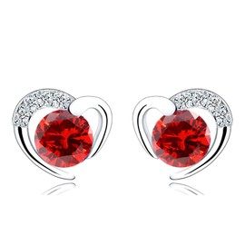 Silver Stud Earrings for Women, Stud Earrings Red Cubic Zirconia Heart Studs│Dainty Earrings Jewellery Gifts for Girls