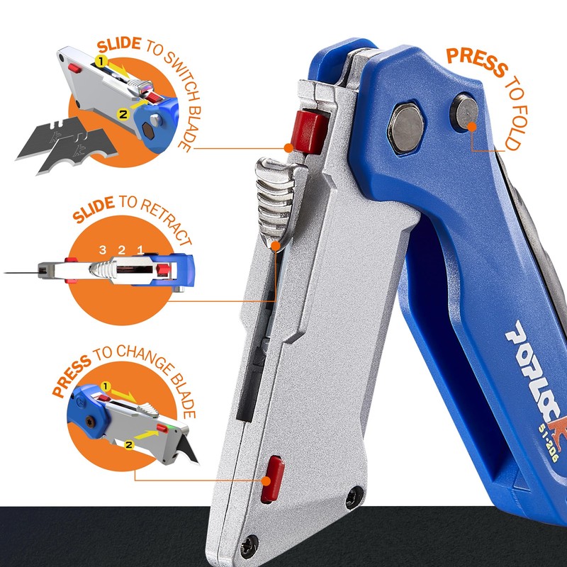 POPLOCK Folding Utility Knife with Twin Blades, Retractable Box Cutter