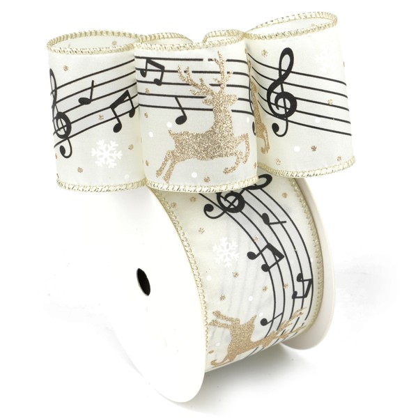 LIZLOVESS Ivory Music Note & Reindeer Christmas Wired Ribbon 2.5"