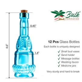 Small Blue Vintage Glass Bottles with Corks, Mini Vases, Decorative, Potion, Assorted Design Set of 12 pcs, 4.6 Inch Tall (11.43cm), 1.4 Inch Wide (3.56cm)