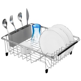 iPEGTOP Expandable Deep & Large Dish Drying Rack, Over The Sink, in Sink Or On Counter Dish Drainer Basket Shelf with Grey Removable Utensil Silverware Holder, Rustproof Stainless Steel
