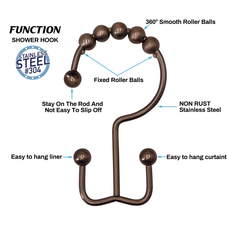 Bronze Shower Rod with 12 Hooks, 43-72 Inches, Rust Resistance,
