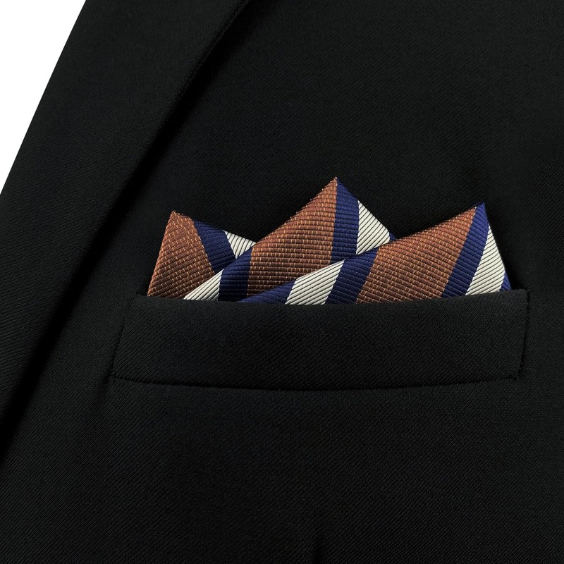 S&W SHLAX&WING Men's Striped Pocket Square, Navy Blue, White, Brown,
