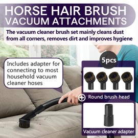 5PCS Horse Hair Brush Vacuum Attachment Set - Black Round Horse Hair Vacuum Attachments & Brushes - Shop Vac Brush Attachment for Most Vacuum Cleaners Accessories - 1 1/4" Vacuum Attachments Included