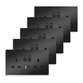JIMEIDA Black Double Switched Power Socket 5 Pack 13 Amp with USB-A and Type-C Charging Ports Crystal Wall Outlet Power Socket 146mm*86mm
