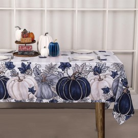 Heirloom Haven Fall Blue Pumpkin Tablecloth 60x48 Inch Rectangular，Leaves Thanksgiving Autumn Harvest Stain Resistant Table Cover for Holiday Party Picnic Dinner Farmhouse Decoration（Buffalo Plaid）