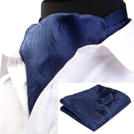 GUSLESON Men's Navy Blue Cravat Self Tie Paisley Necktie and Handkerchief Set Floral Luxury Ascot (0603-02)