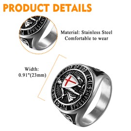 Flonge Men's Saints Michael Ring: Punk Knights Templar Cross Armor Shield Ring Biker Stainless Steel Signet Ring Catholic Medal Amulet Jewelry Gift Silver #8