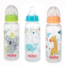 Nuby Standard Neck Tinted Bottle, 8 Ounce, 3 Pack - Aqua, Orange, Green