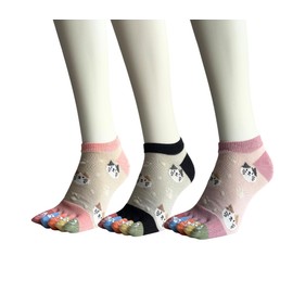 [モードセレクト] 5本指ソックス レディース 夏 薄手 5本指靴下 レディース 猫柄 くるぶし 夏 可愛い おしゃれ 通気性 表糸綿100% 3足セット（色お任せ） P09