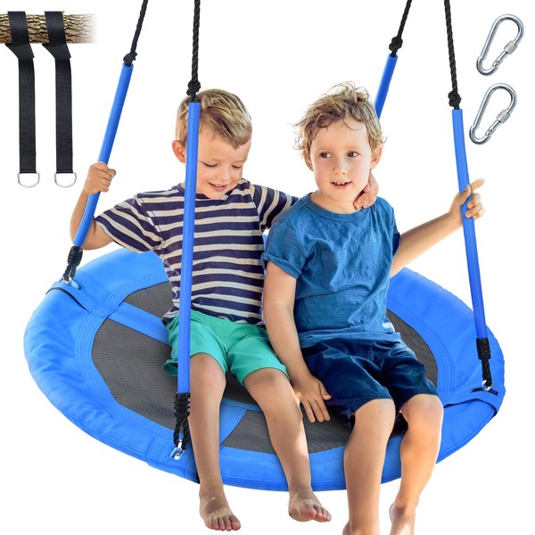 Trekassy 700lbs 40" Round Tree Swing with Handles for Kids Adults 900D Oxford Waterproof 2pcs Tree Hanging Straps Blue