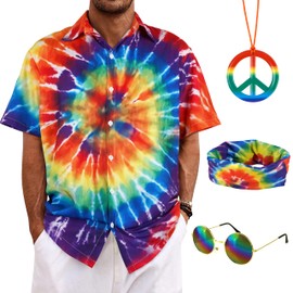 Bombline 4 Pieces Hippie Costume Set,Tie Dye Button Up Shirt Set,Tie Dye Headband,Rainbow Sunglasses,Peace Sign Necklace,70s 80s Outfits for Men