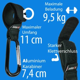 Hooks for Suitcases - Set of 2 Aluminium Carabiners with Velcro Fastener - Travel Accessories for Jackets and Bags, Large Opening, Circumference 11 cm, Weight up to 9 kg