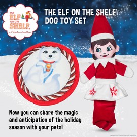 The Elf on the Shelf 2pc Dog Toy Set with Elastic Scout Elf + Elf Pets Arctic Fox Plush Flattie Disk, Squeaky Dog Toys | Bungee Dog Toys for Tug | Stocking Stuffers for Dogs