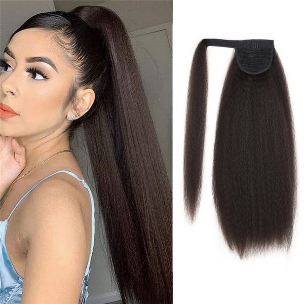 30 Inches Afro Yaki Straight Ponytail Wrap Around Ponytail Long Kinky Straight Ponytail Extensions for Women Girls Pony Tails Hair Pieces Black