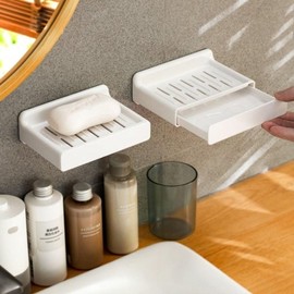 Wall-mounted drawer soap holder, soap box, drain tray, sink accessories, scrubber stand, box case White