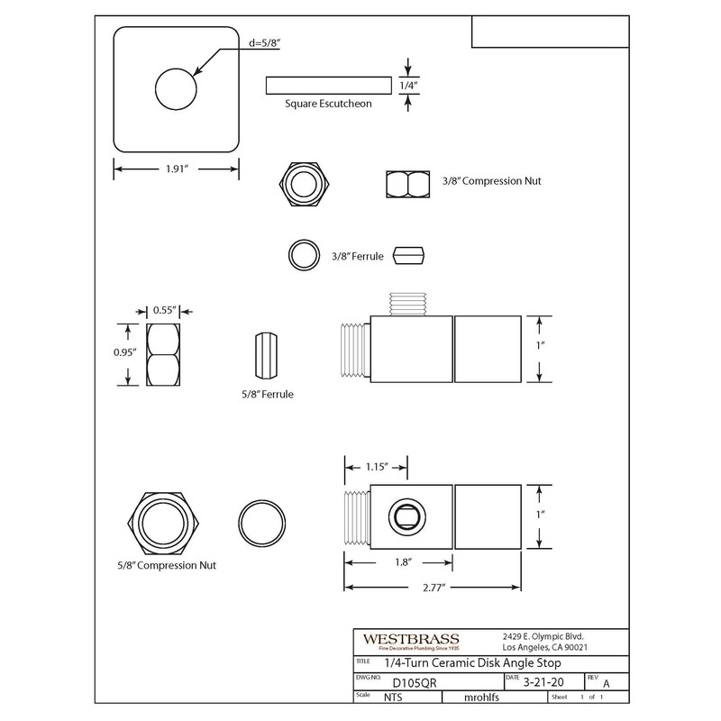 Westbrass A105QS-62 Square Handle 1/4-Turn Angle Stop 1/2" Copper x