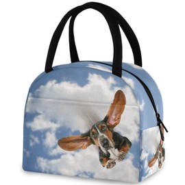 ZzWwR 3d Basset Hound Flying Through Air Reusable Lunch Tote Bag with Front Pocket Zipper Closure Insulated Thermal Cooler Container Bag for Work Picnic Travel Beach Fishing