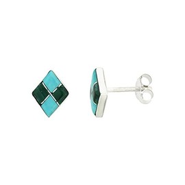 Sterling Silver Handcrafted Blue Turquoise Diamond-shaped Stud Earrings (Genuine Zuni Tribe American Indian Jewelry) 3/8 in. (10mm) tall